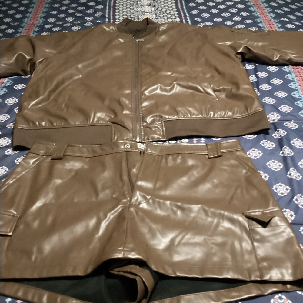 Brown Faux Leather Jacket and Shorts Set